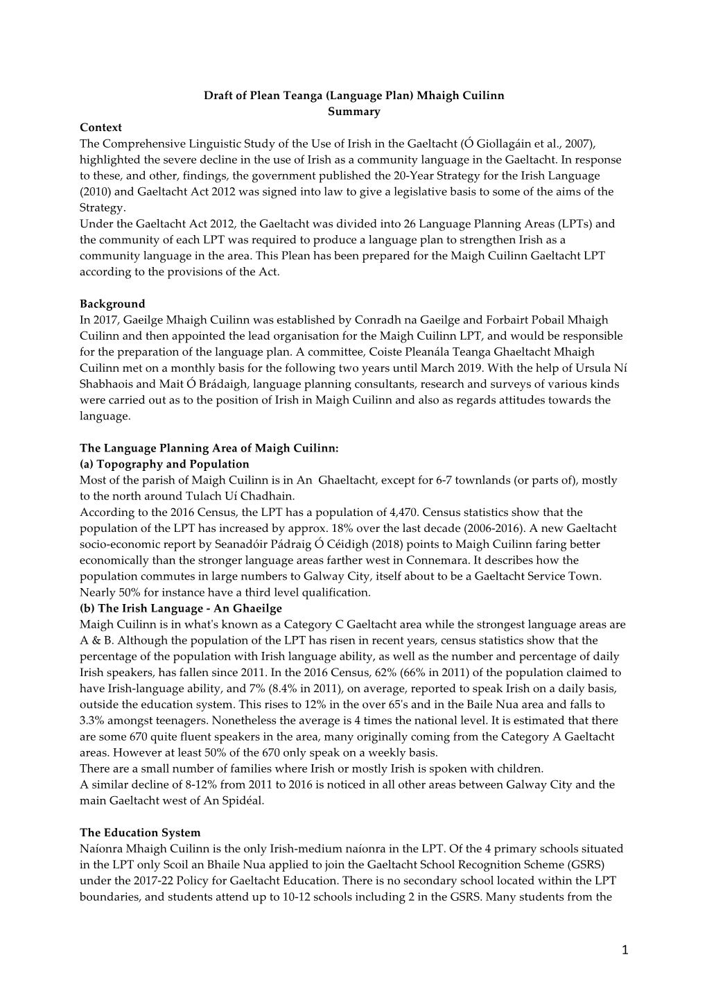 Draft of Plean Teanga (Language Plan) Mhaigh Cuilinn Summary