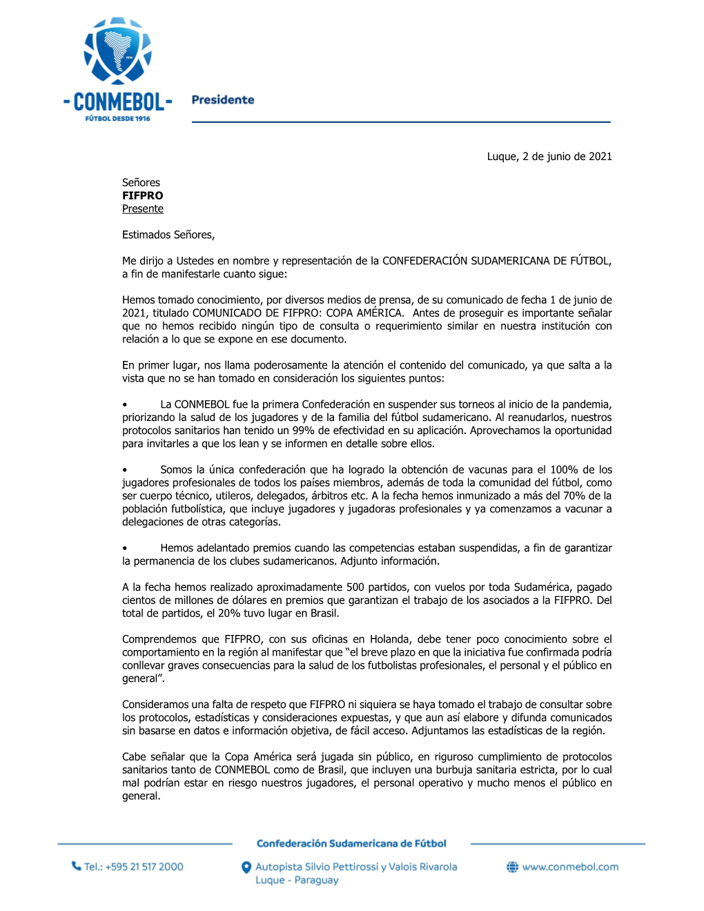 Carta a Fifpro