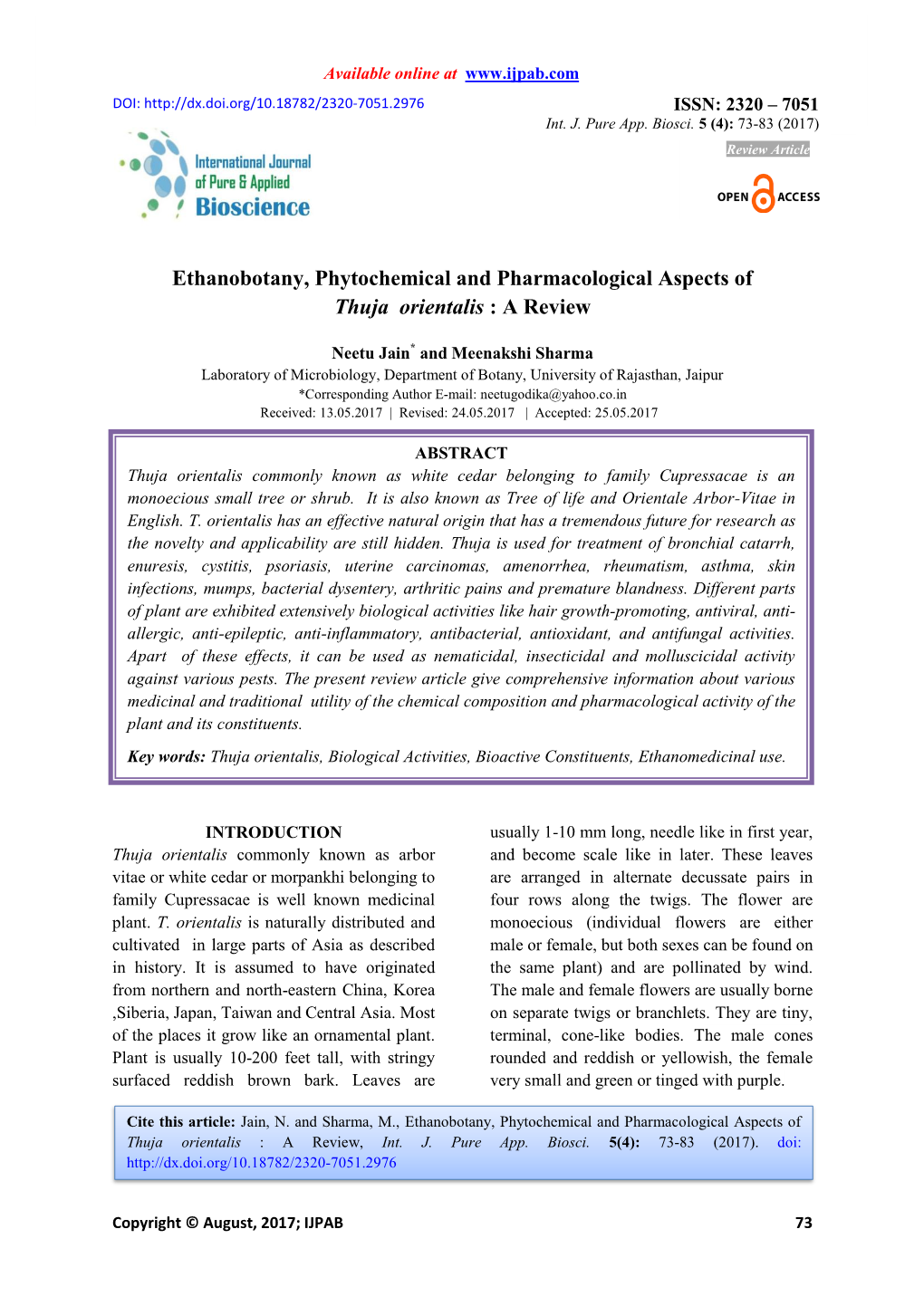 Ethanobotany, Phytochemical and Pharmacological Aspects of Thuja Orientalis : a Review