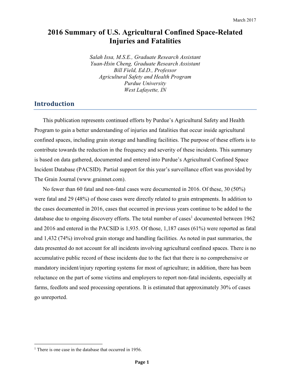 2016 Summary of US Agricultural Confined Space-Related Injuries