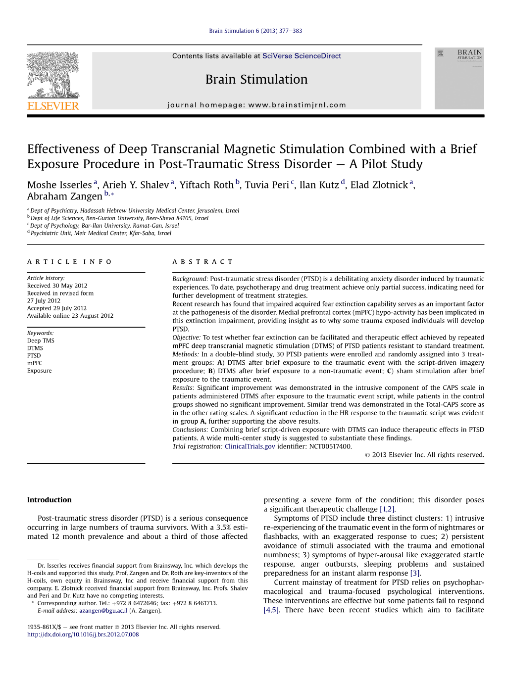 Effectiveness of Deep Transcranial Magnetic Stimulation Combined with a Brief Exposure Procedure in Post-Traumatic Stress Disorder E a Pilot Study