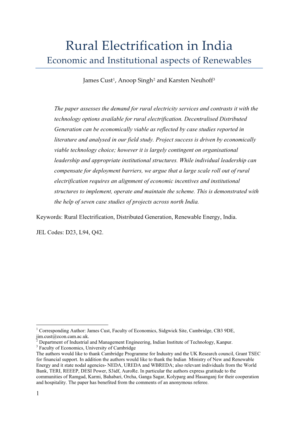 Rural Electrification in India Economic and Institutional Aspects of Renewables
