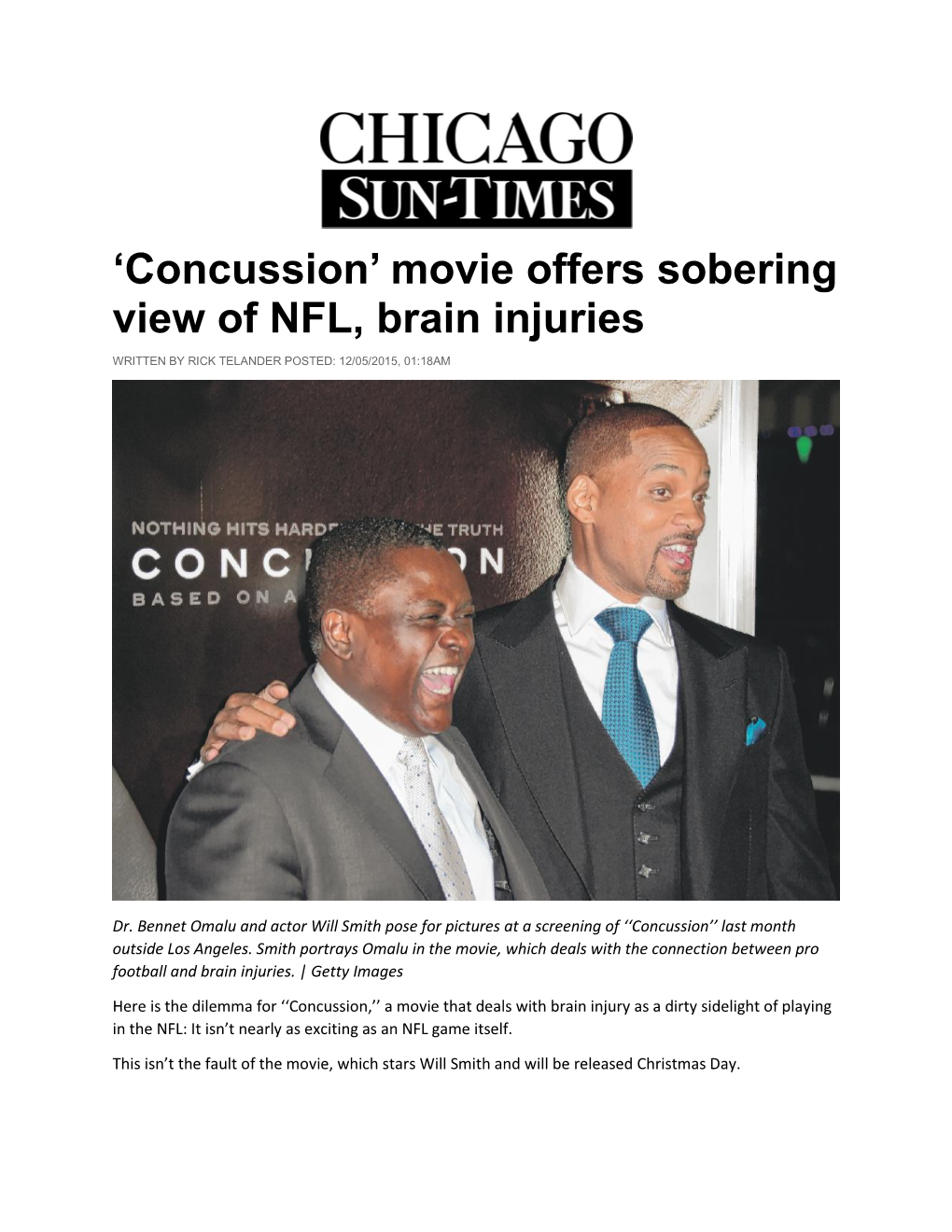 'Concussion' Movie Offers Sobering View of NFL, Brain Injuries