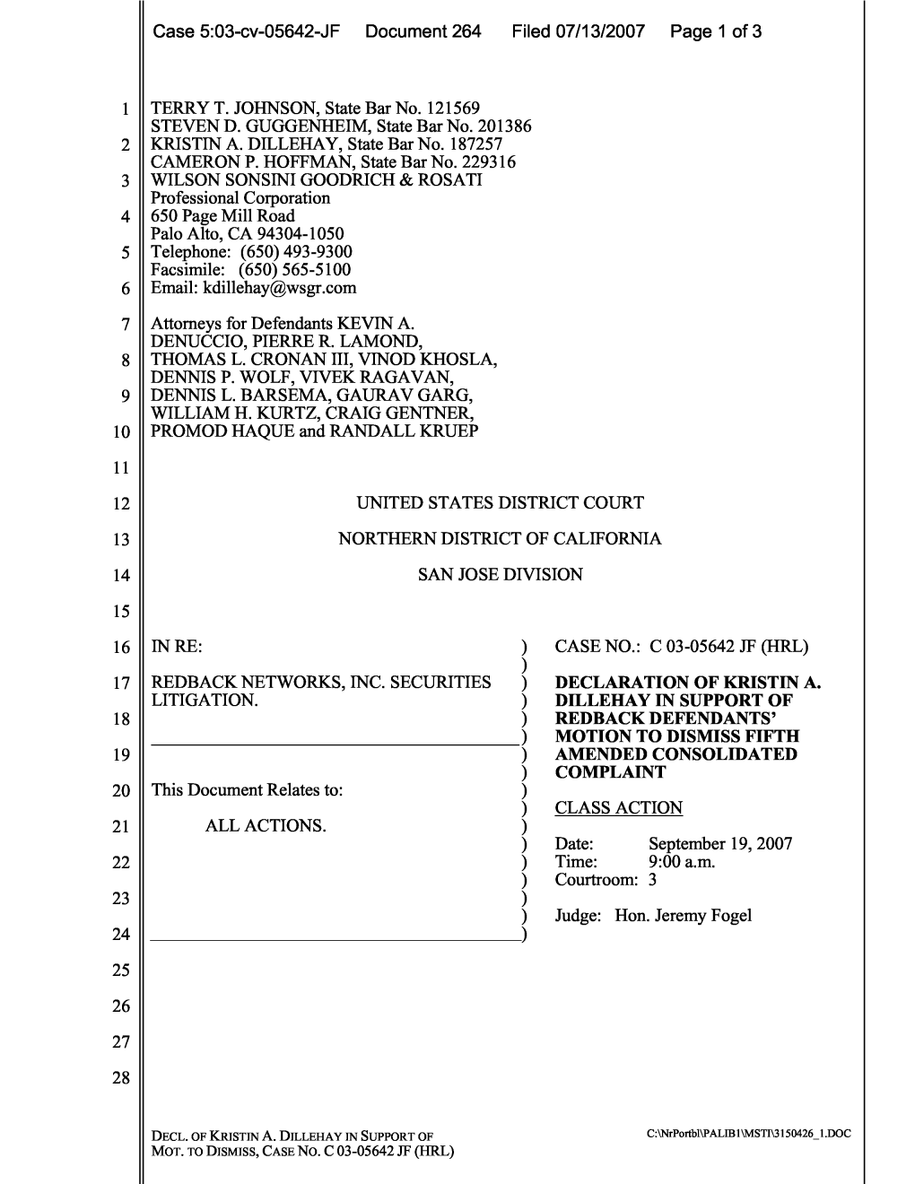 In Re Redback Networks, Inc. Securities Litigation 03-CV-05642