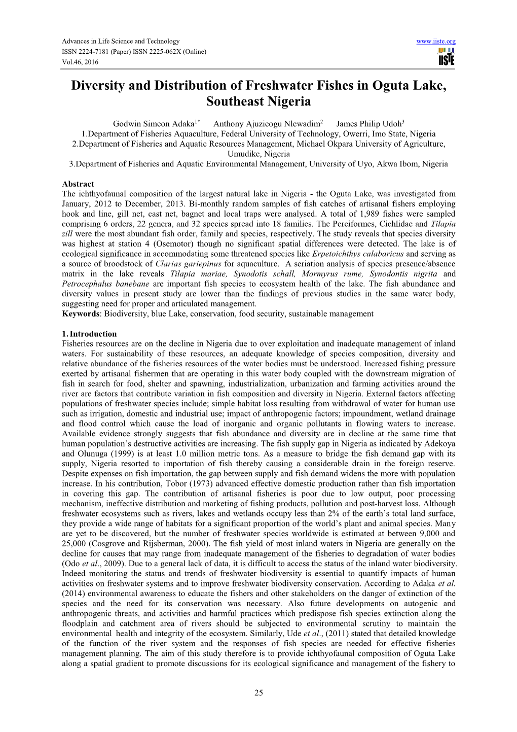 Diversity and Distribution of Freshwater Fishes in Oguta Lake, Southeast Nigeria