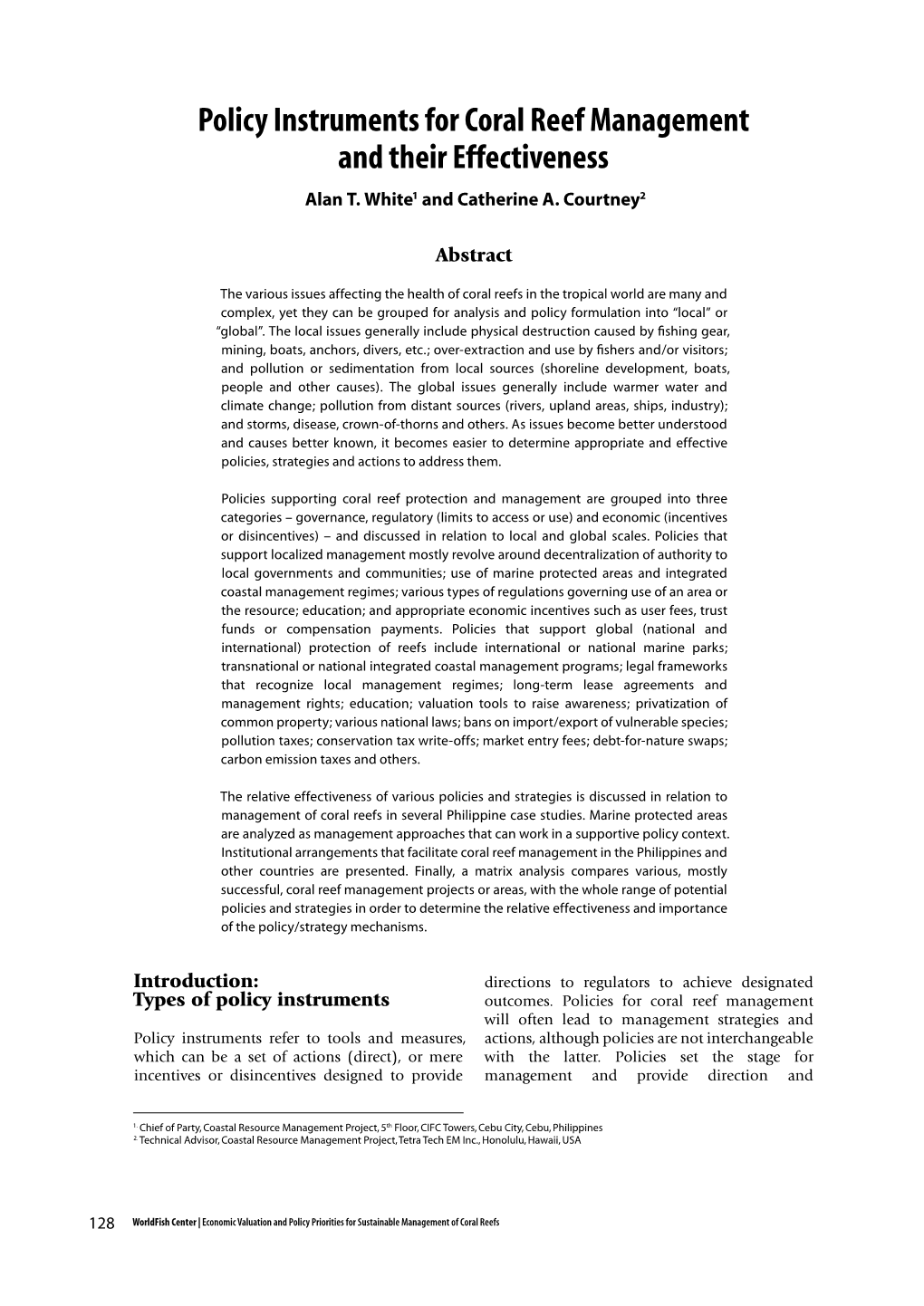 Policy Instruments for Coral Reef Management and Their Effectiveness Alan T