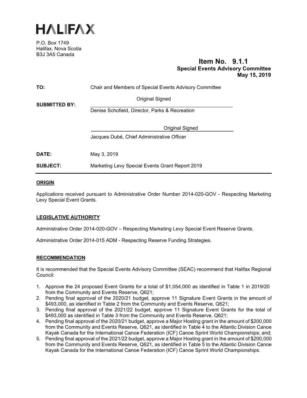 Item No. 9.1.1 Special Events Advisory Committee May 15, 2019