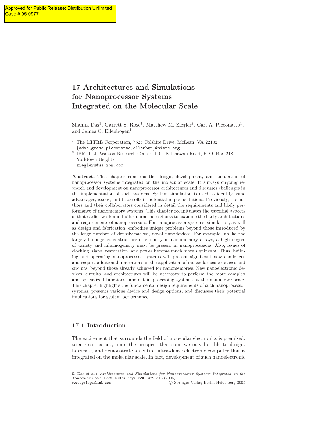 17 Architectures and Simulations for Nanoprocessor Systems Integrated on the Molecular Scale