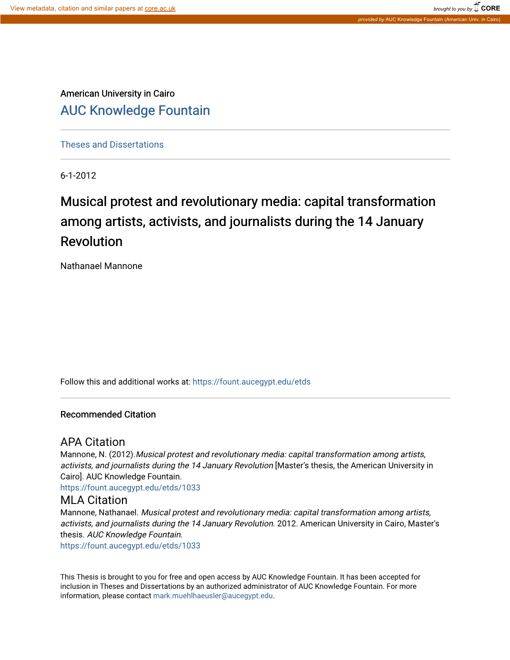 Musical Protest and Revolutionary Media: Capital Transformation Among Artists, Activists, and Journalists During the 14 January Revolution