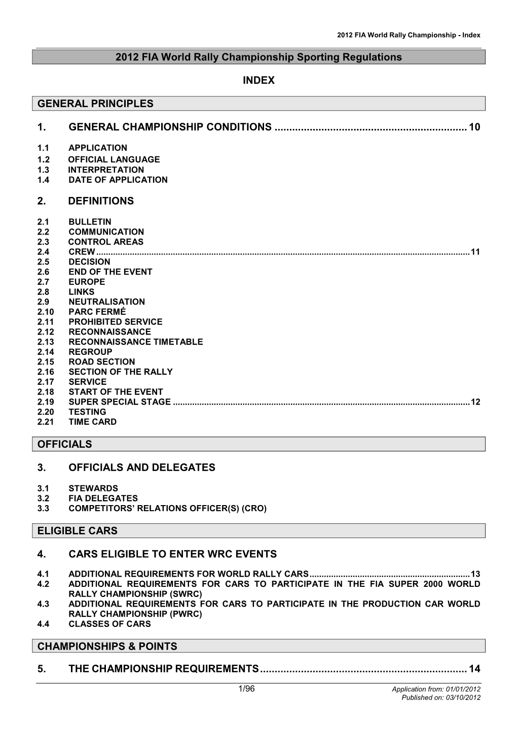 2012 FIA World Rally Championship Sporting Regulations INDEX