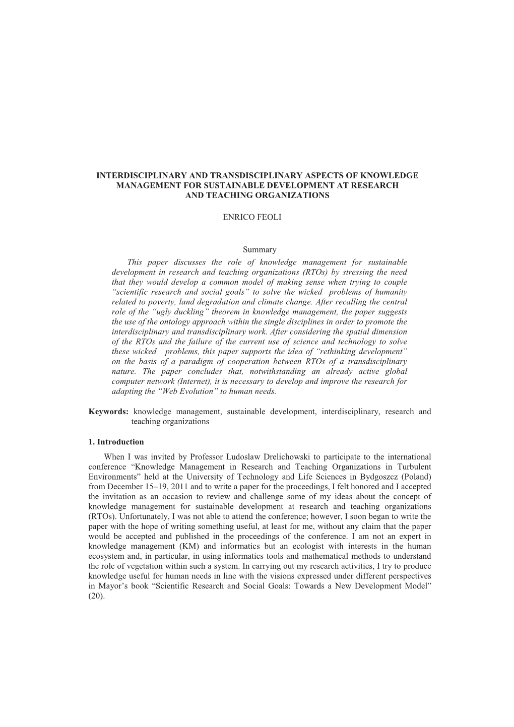 Interdisciplinary and Transdisciplinary Aspects of Knowledge Management for Sustainable Development at Research and Teaching Organizations