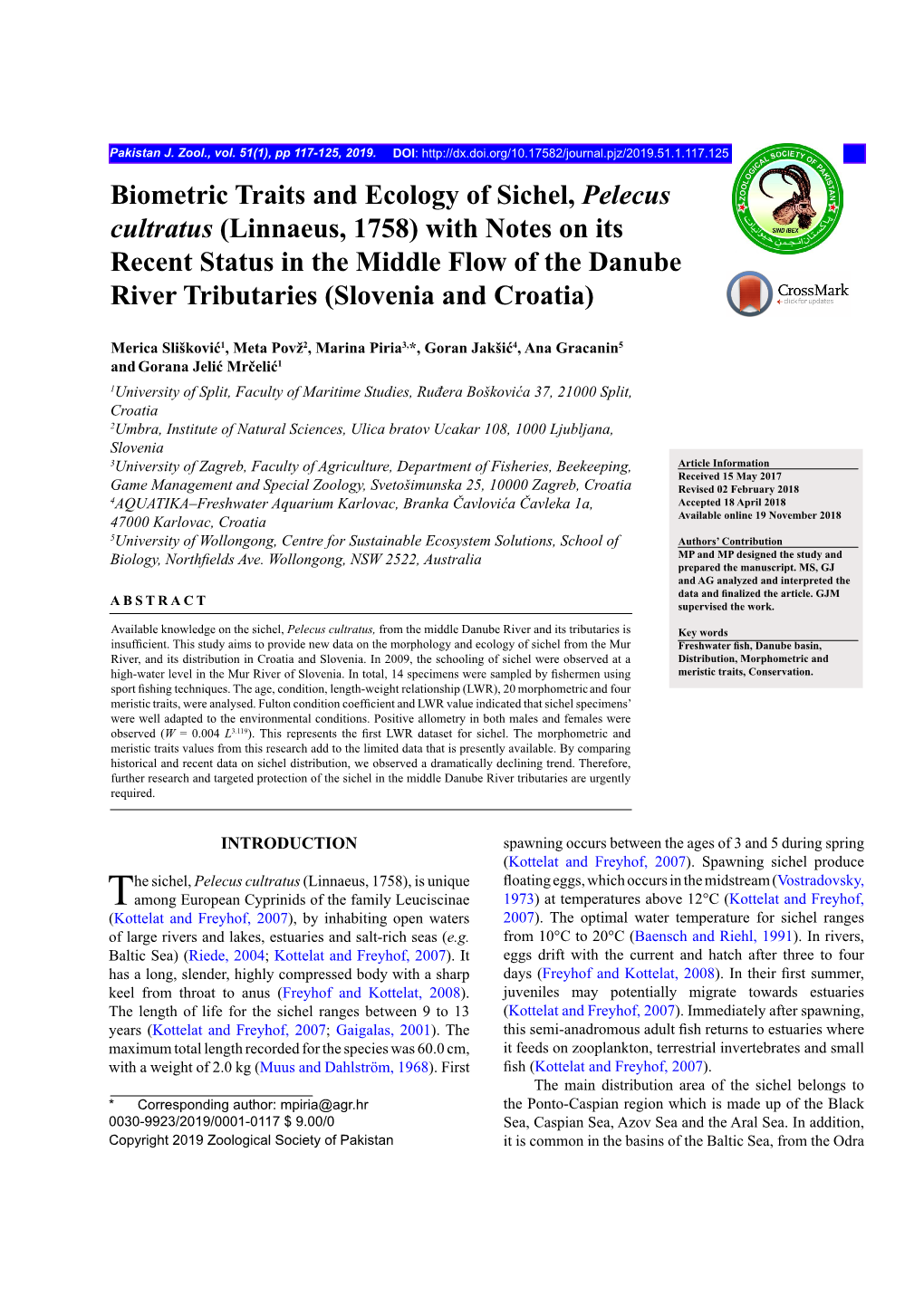 Biometric Traits and Ecology of Sichel, Pelecus Cultratus (Linnaeus