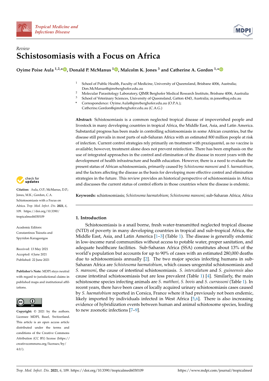 Schistosomiasis with a Focus on Africa