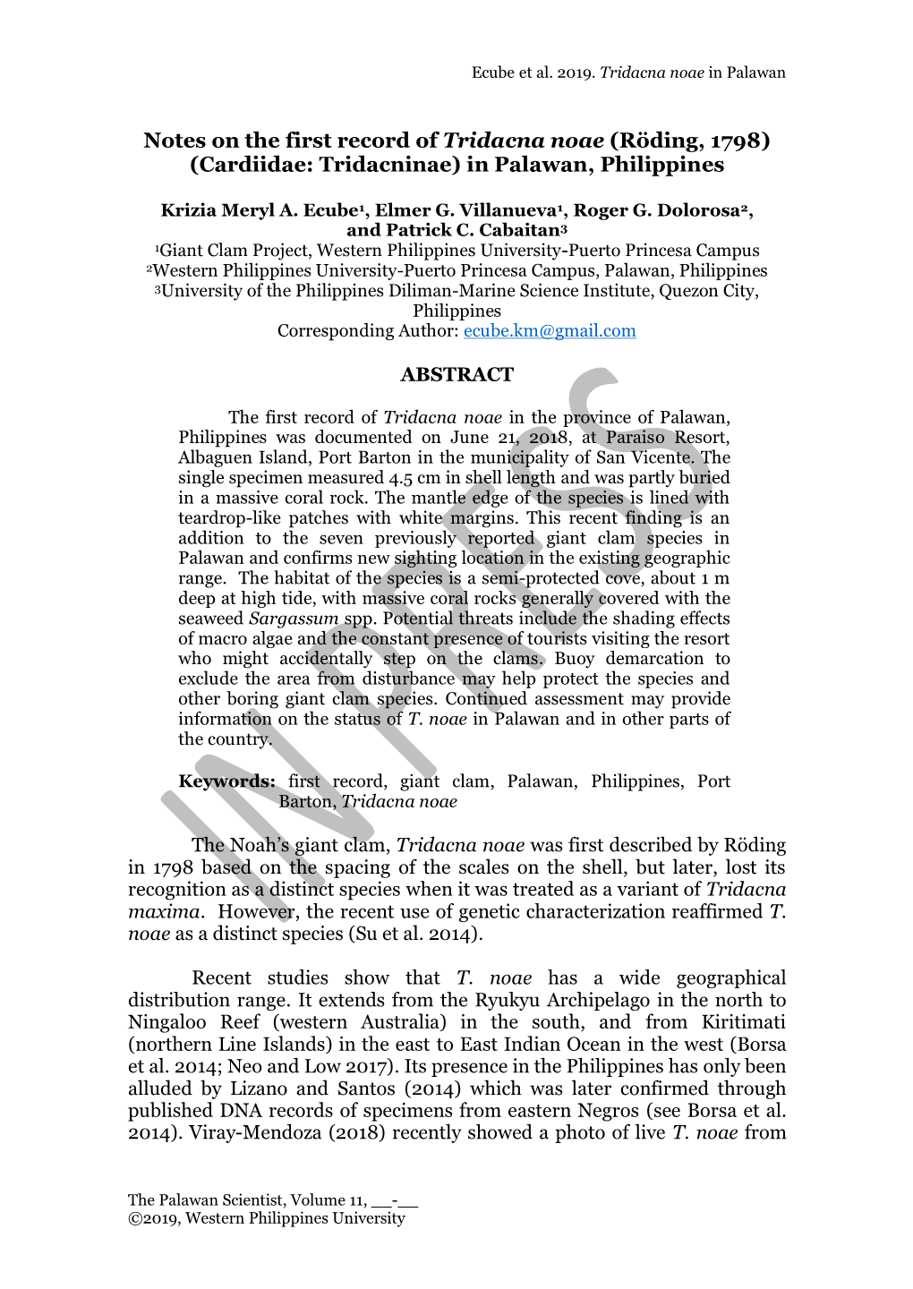 Notes on the First Record of Tridacna Noae (Röding, 1798) (Cardiidae: Tridacninae) in Palawan, Philippines