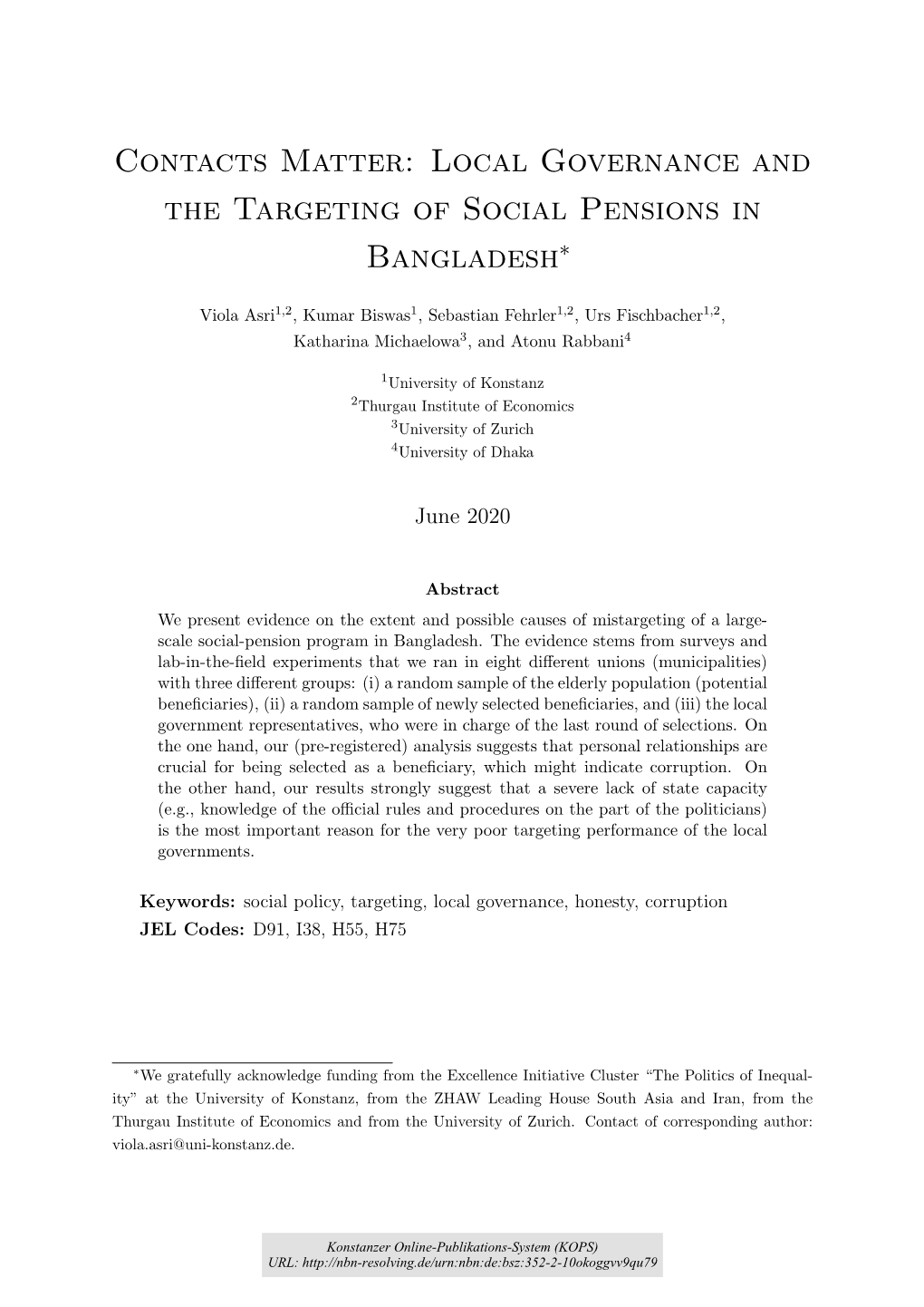 Local Governance and the Targeting of Social Pensions in Bangladesh∗