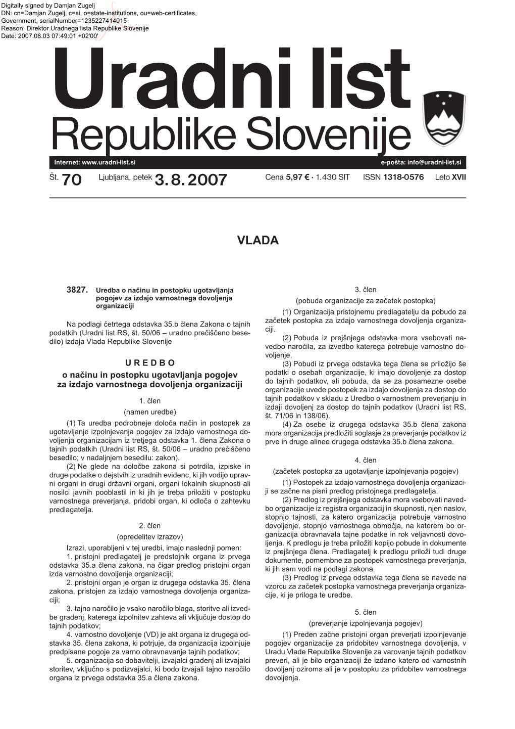 Uradni List RS – 70/2007, Uredbeni