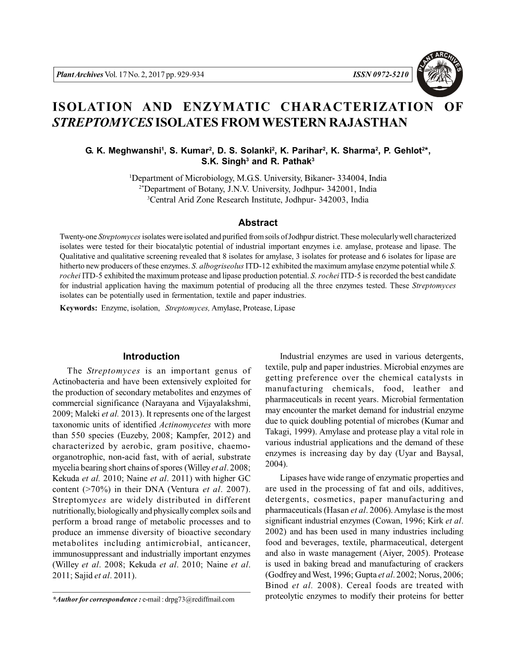 Isolation and Enzymatic Characterization of Streptomyces Isolates from Western Rajasthan