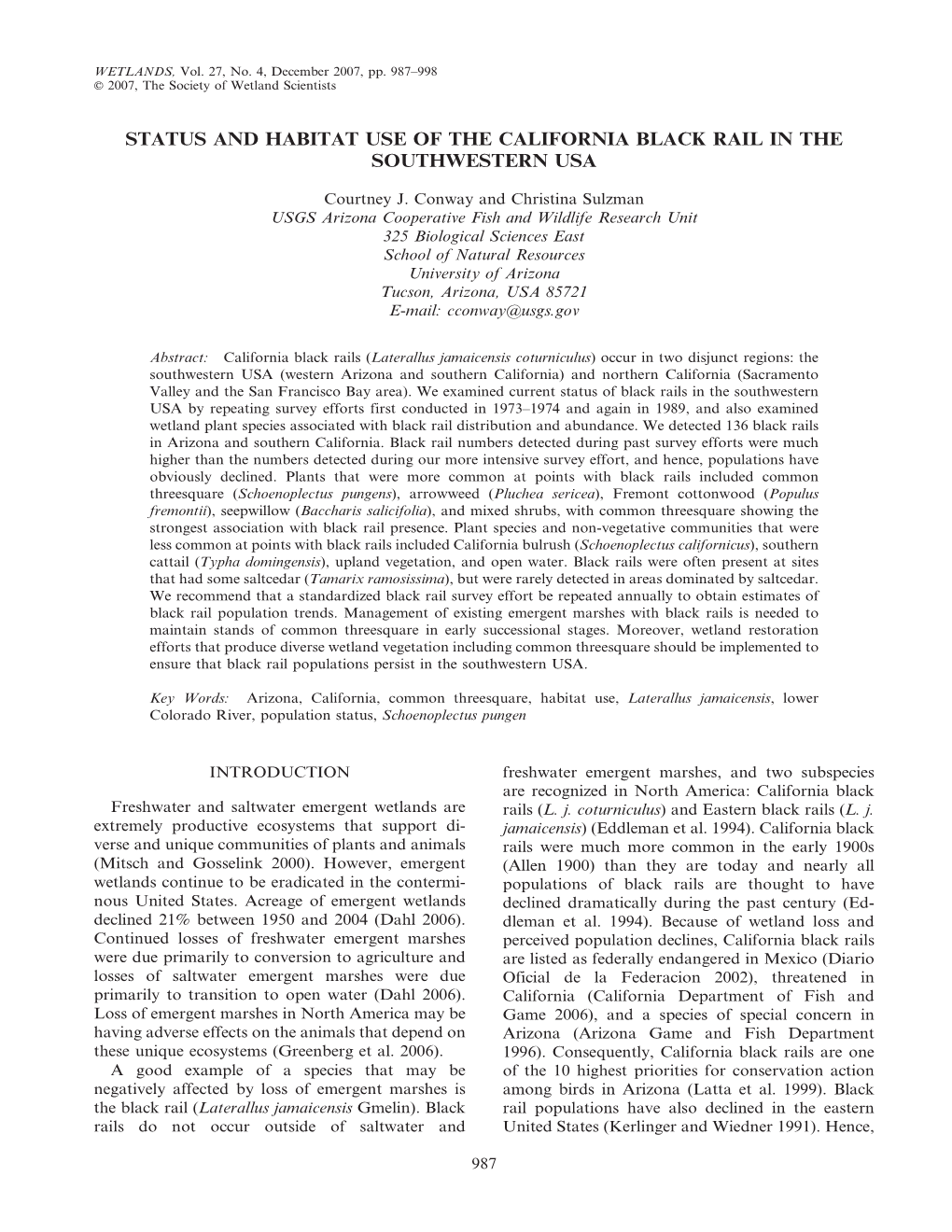 Status and Habitat Use of the California Black Rail in the Southwestern Usa