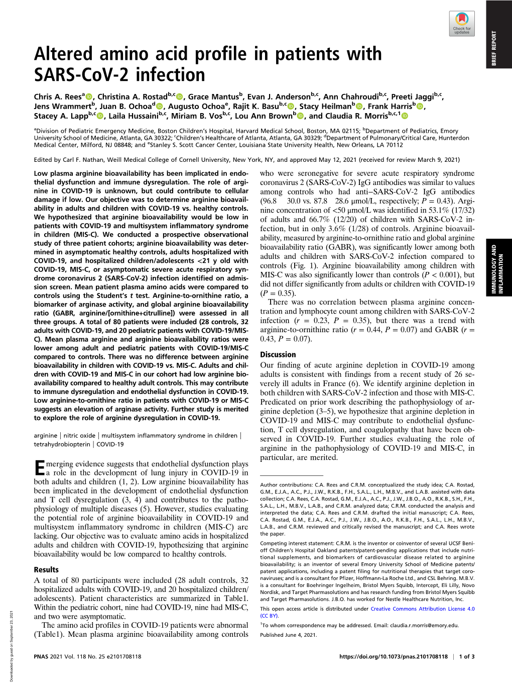 Altered Amino Acid Profile in Patients with SARS-Cov-2 Infection BRIEF REPORT