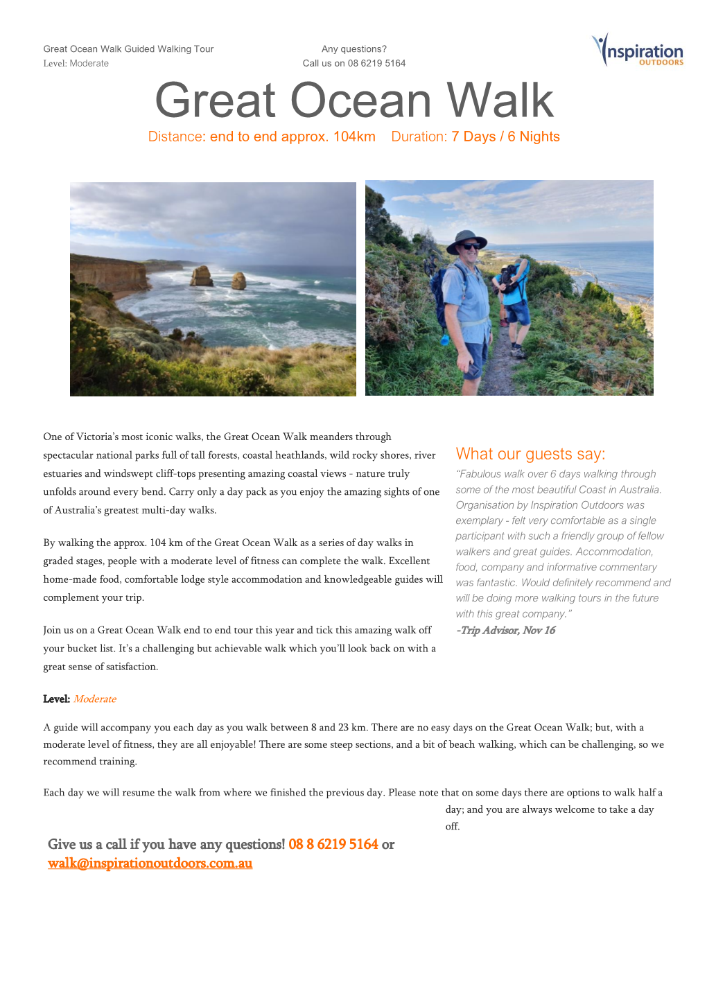 Great Ocean Walk Guided Walking Tour Any Questions? Level: Moderate Call Us on 08 6219 5164 Great Ocean Walk Distance: End to End Approx