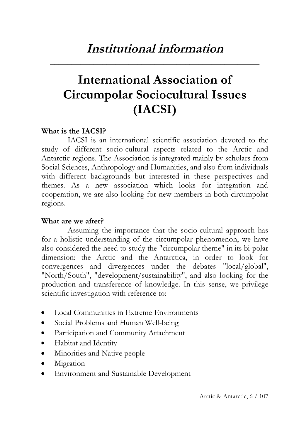 Institutional Information International Association of Circumpolar