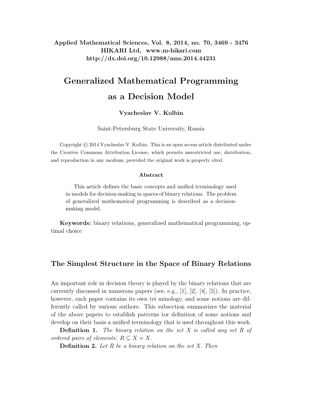 Generalized Mathematical Programming As a Decision Model