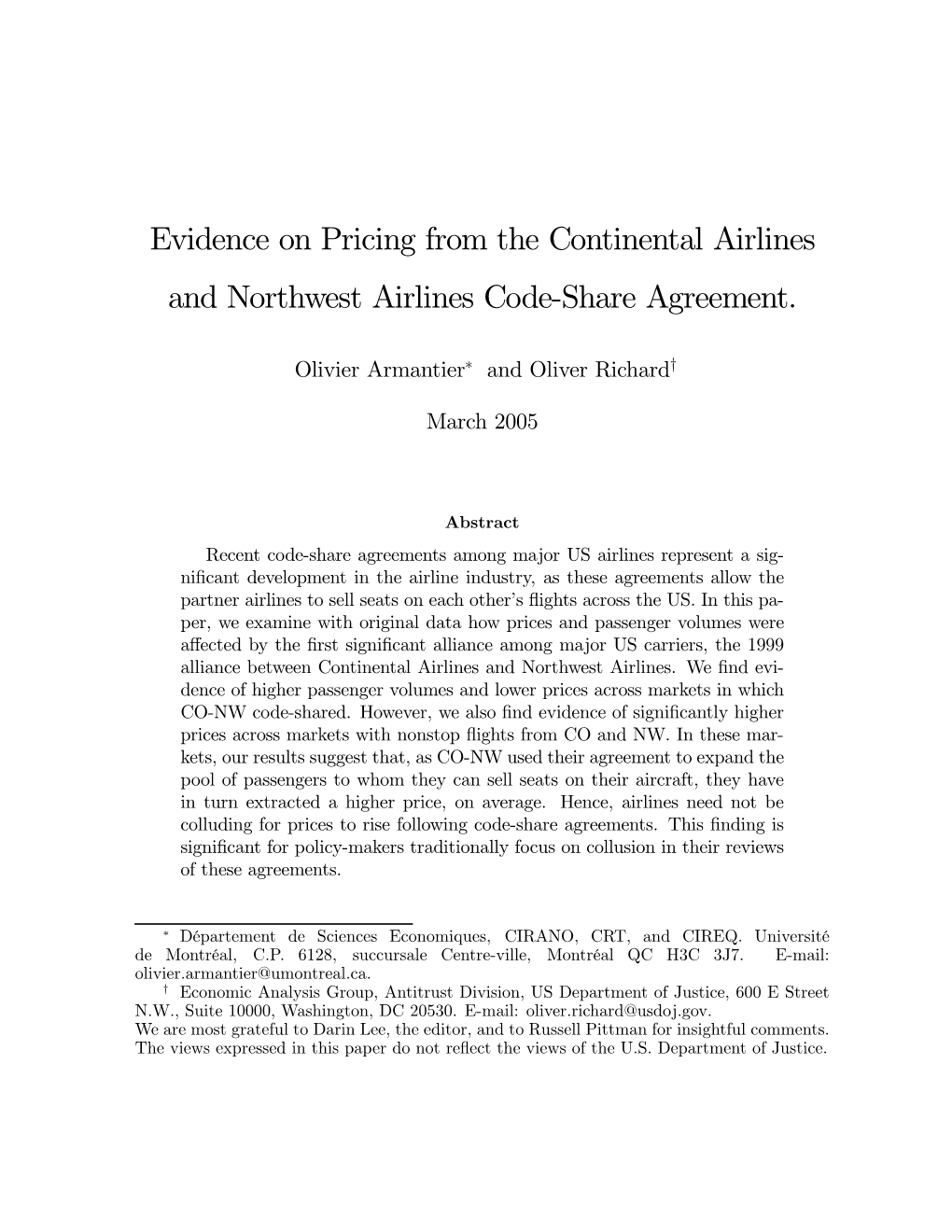 Evidence on Pricing from the Continental Airlines and Northwest Airlines Code-Share Agreement