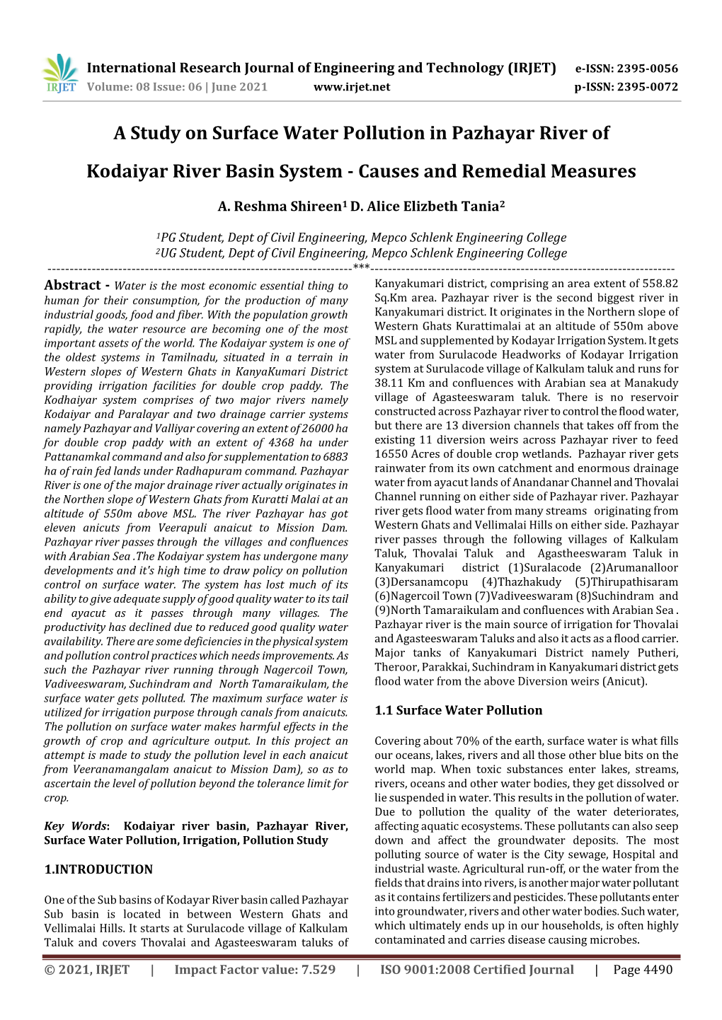 A Study on Surface Water Pollution in Pazhayar River of Kodaiyar River Basin System - Causes and Remedial Measures