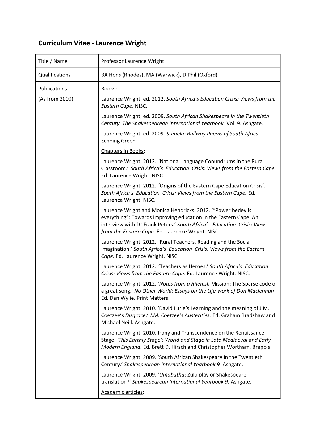 Curriculum Vitae - Laurence Wright