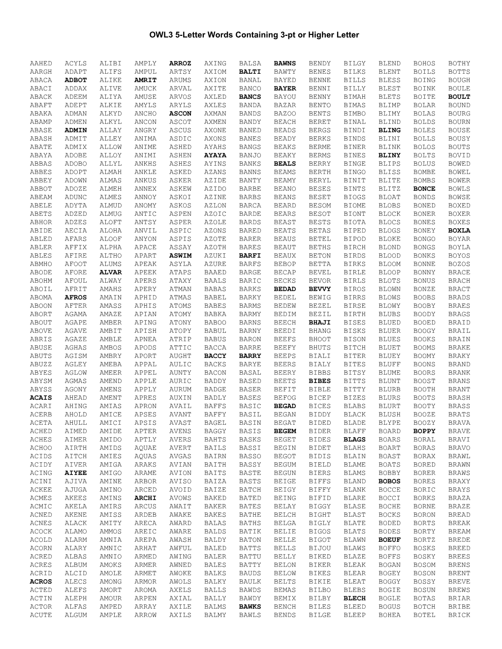 OWL3 5-Letter Words Containing 3-Pt Or Higher Letter