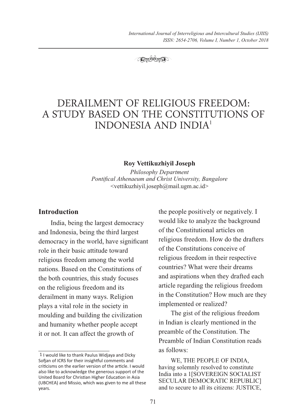 Derailment of Religious Freedom: a Study Based on the Constitutions of Indonesia and India1