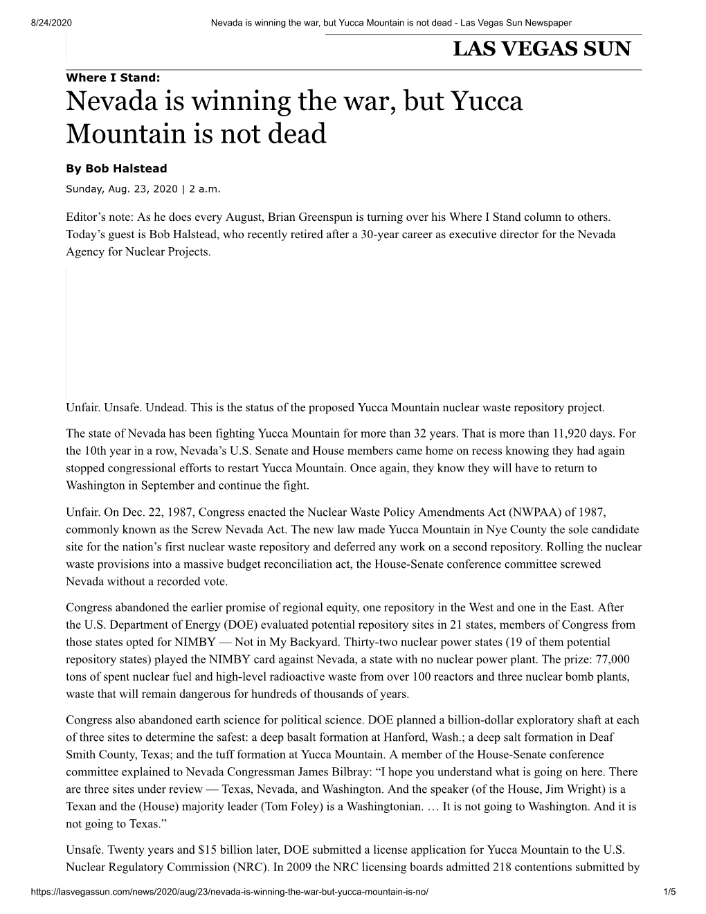 Nevada Is Winning the War, but Yucca Mountain Is Not Dead - Las Vegas Sun Newspaper LAS VEGAS SUN