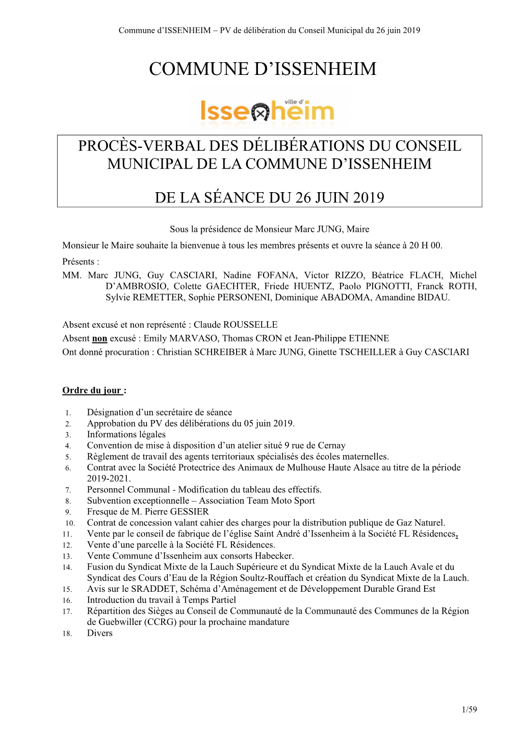 Procès-Verbal Des Délibérations Du Conseil Municipal De La Commune D’Issenheim