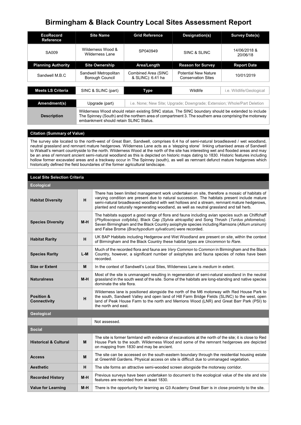 Birmingham & the Black Country Local Sites Assessment Report