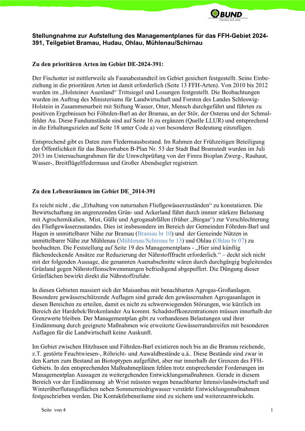 Stellungnahme Zur Aufstellung Des Managementplanes Für Das FFH-Gebiet 2024- 391, Teilgebiet Bramau, Hudau, Ohlau, Mühlenau/Schirnau