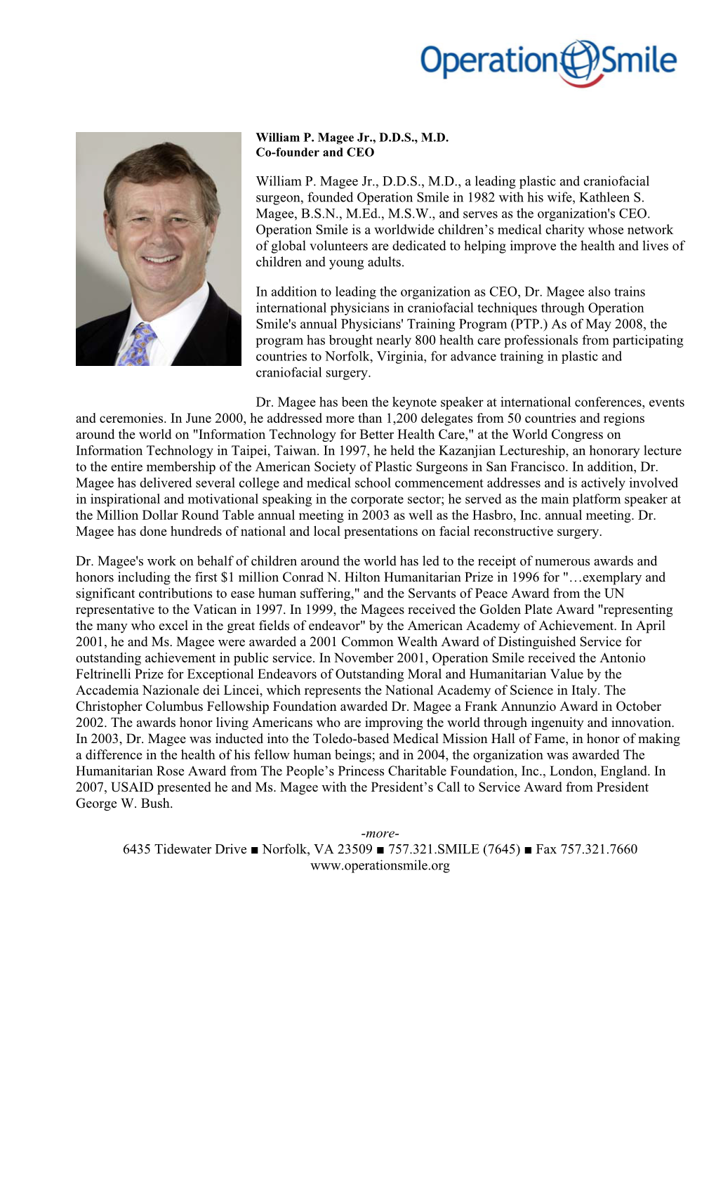 William P. Magee Jr., D.D.S., M.D., a Leading Plastic and Craniofacial Surgeon, Founded Operation Smile in 1982 with His Wife, Kathleen S