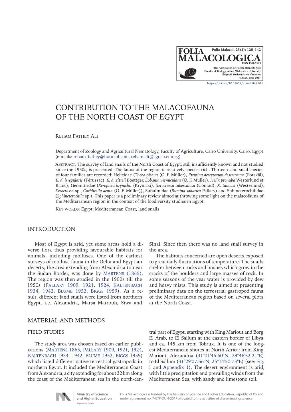 Contribution to the Malacofauna of the North Coast of Egypt