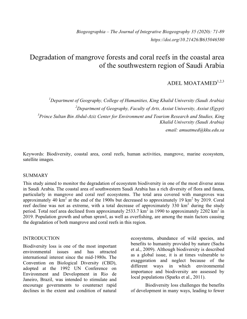 Degradation of Mangrove Forests and Coral Reefs in the Coastal Area of the Southwestern Region of Saudi Arabia