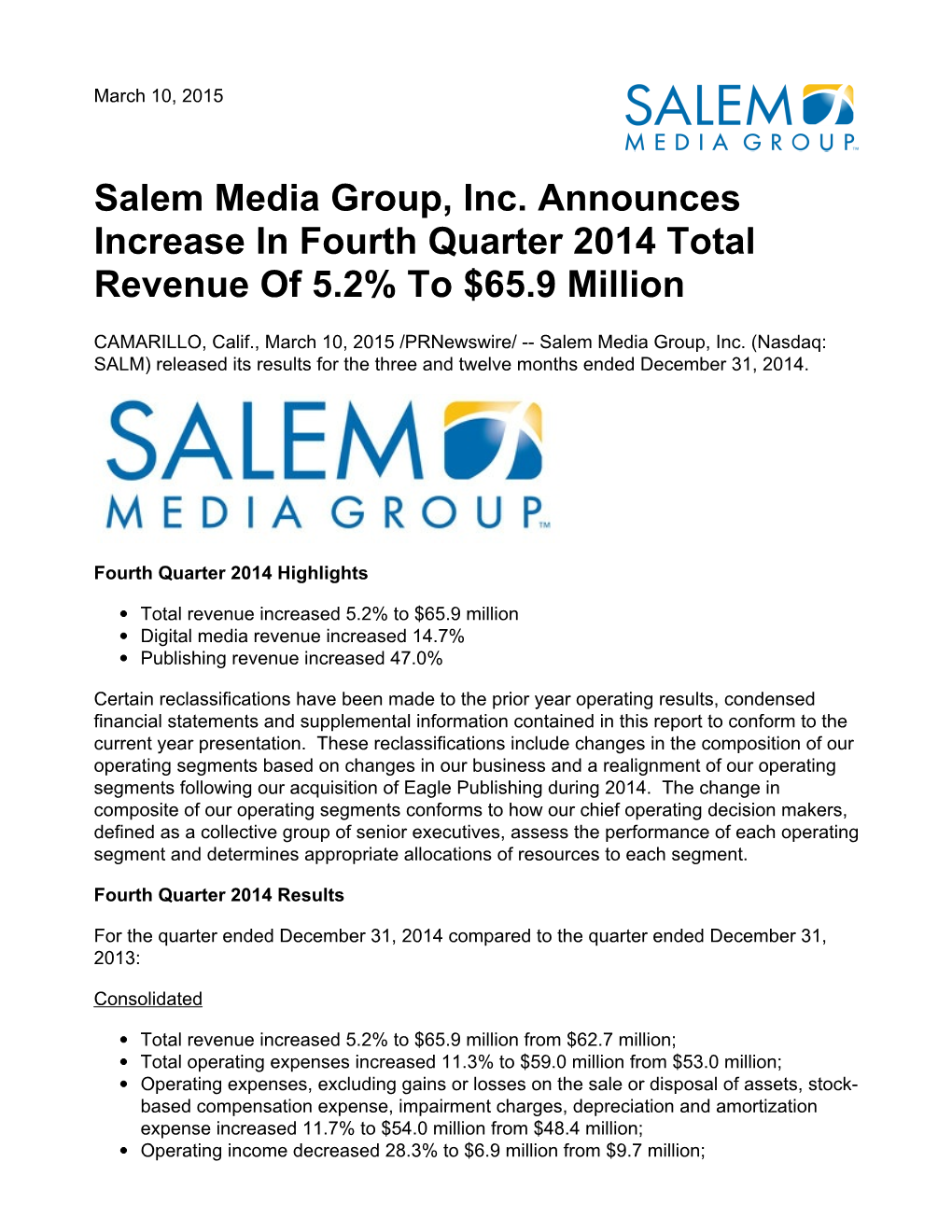 Salem Media Group, Inc. Announces Increase in Fourth Quarter 2014 Total Revenue of 5.2% to $65.9 Million