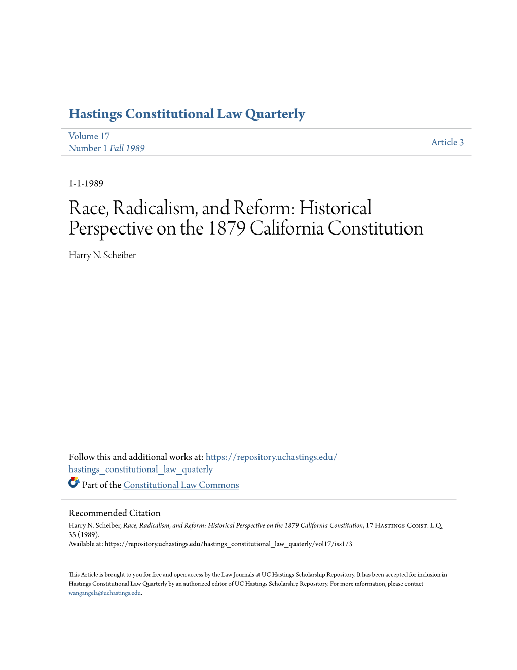 Race, Radicalism, and Reform: Historical Perspective on the 1879 California Constitution Harry N