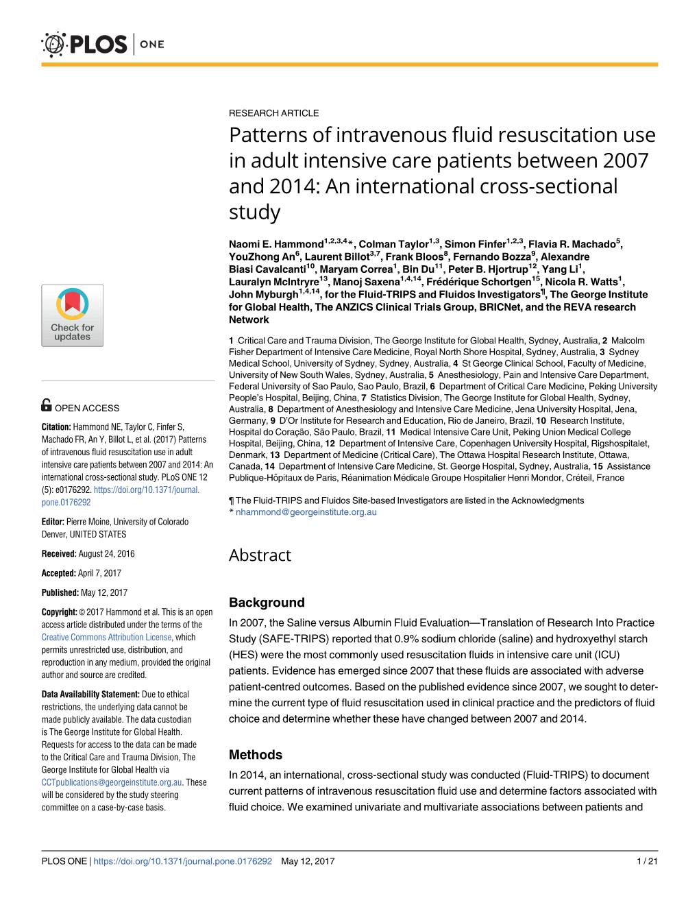 Patterns of Intravenous Fluid Resuscitation Use in Adult Intensive Care Patients Between 2007 and 2014: an International Cross-Sectional Study