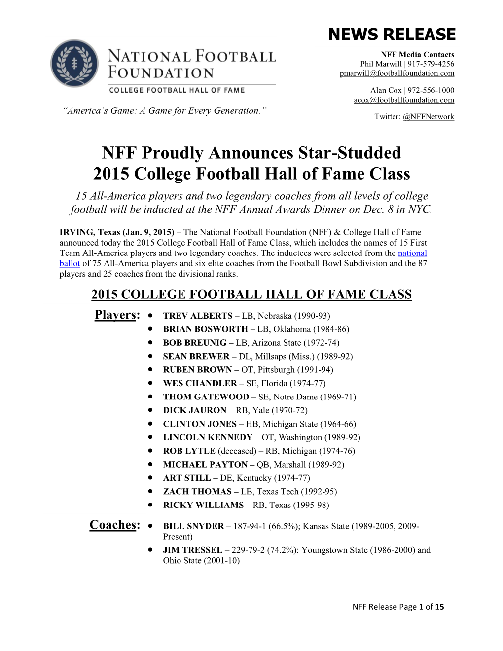 NFF Proudly Announces Star-Studded 2015 College Football Hall of Fame Class
