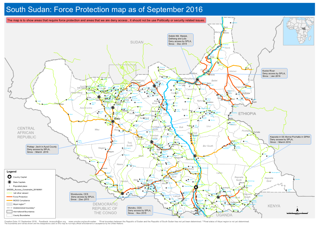 South Sudan: Force Protection Map As of September 2016 White Nile Sennar