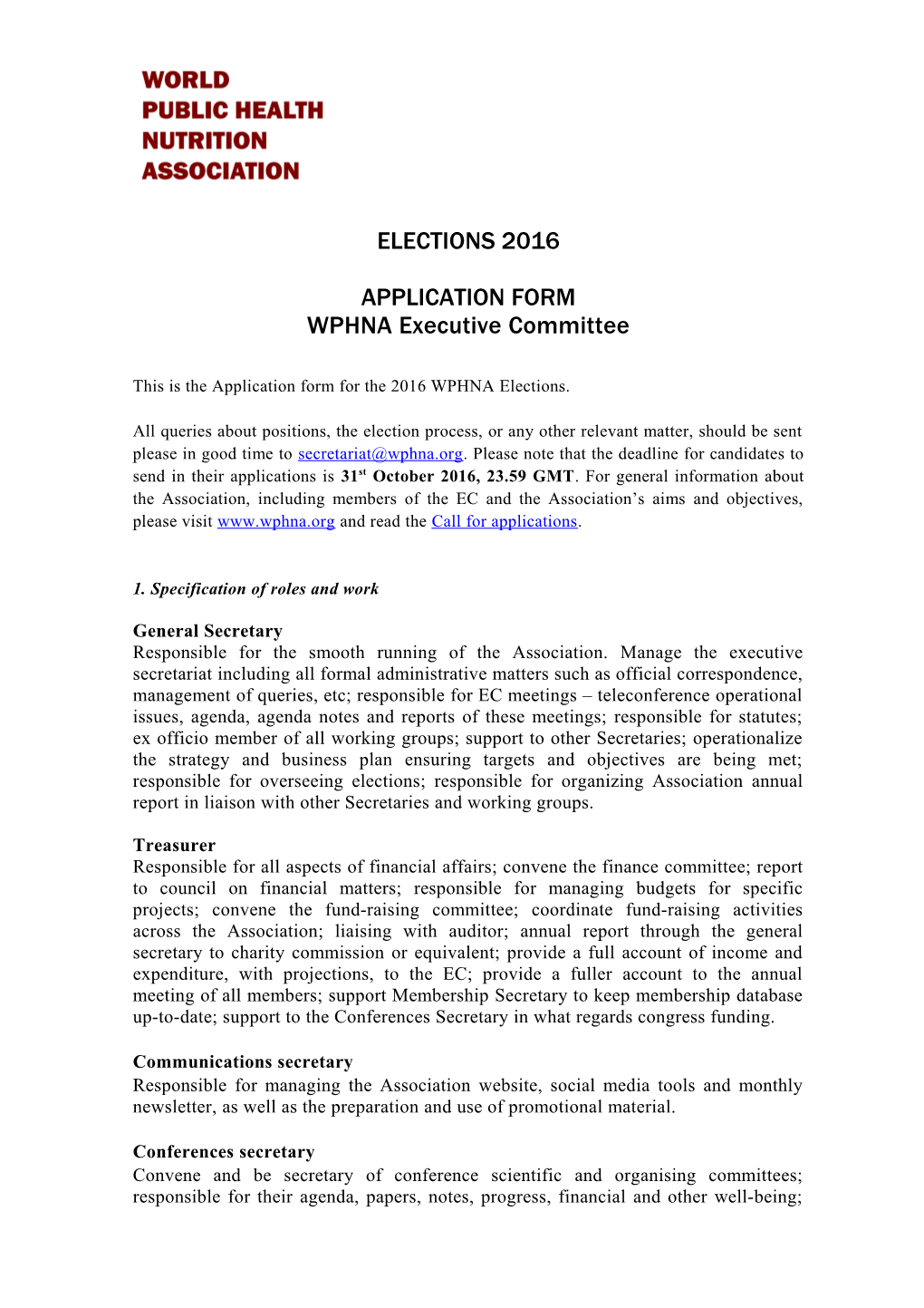 This Is the Application Form for the 2016 WPHNA Elections