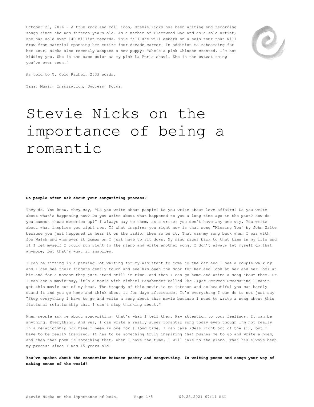 Stevie Nicks on the Importance of Being a Romantic