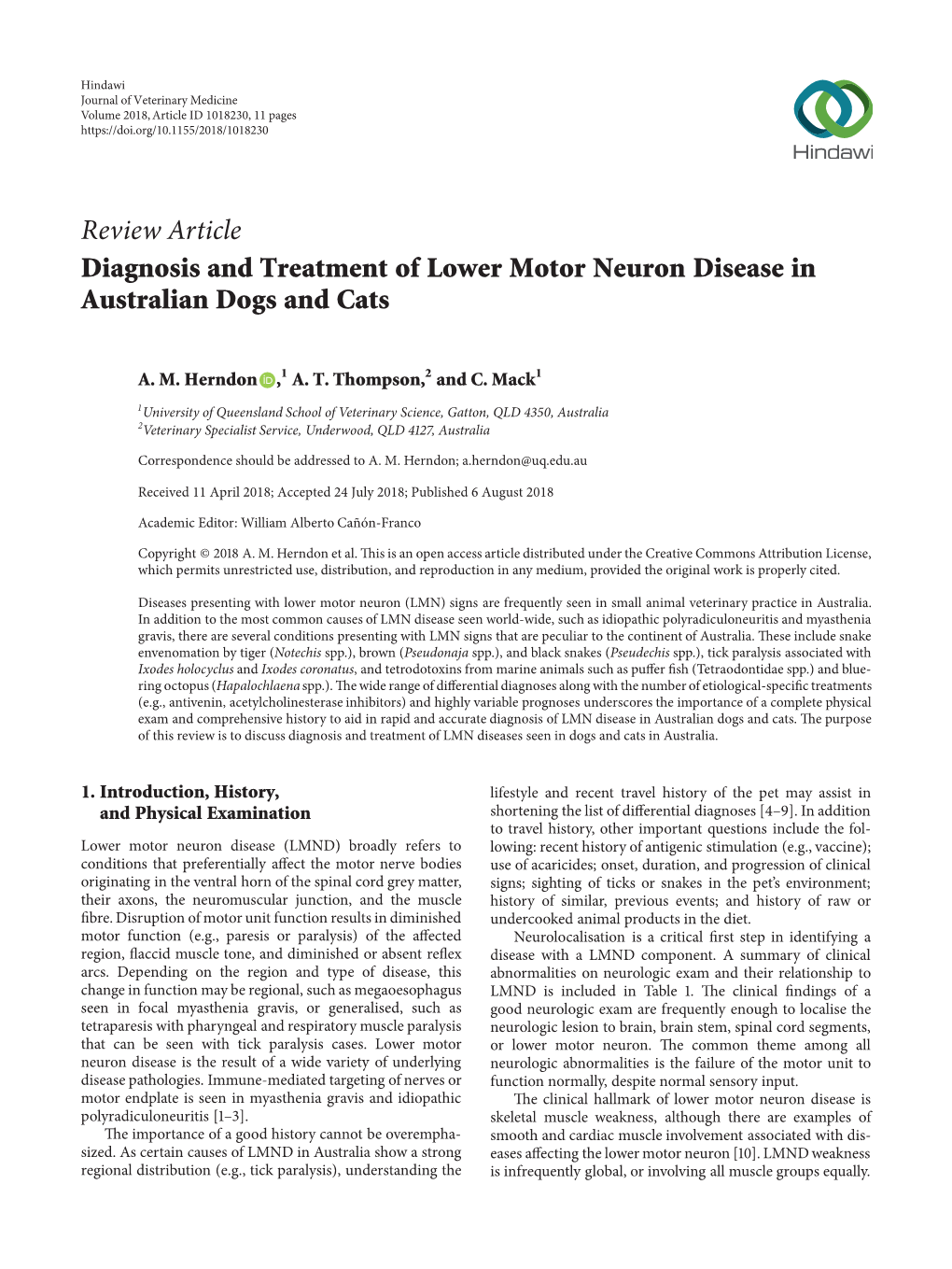 Review Article Diagnosis and Treatment of Lower Motor Neuron Disease in Australian Dogs and Cats