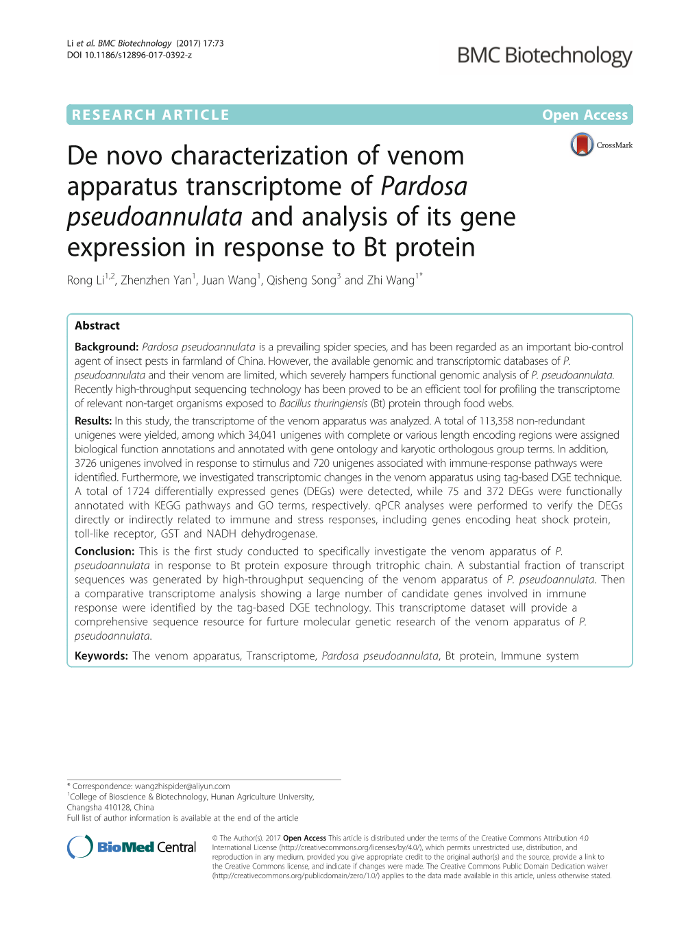 De Novo Characterization of Venom Apparatus Transcriptome of Pardosa Pseudoannulata and Analysis of Its Gene Expression in Respo