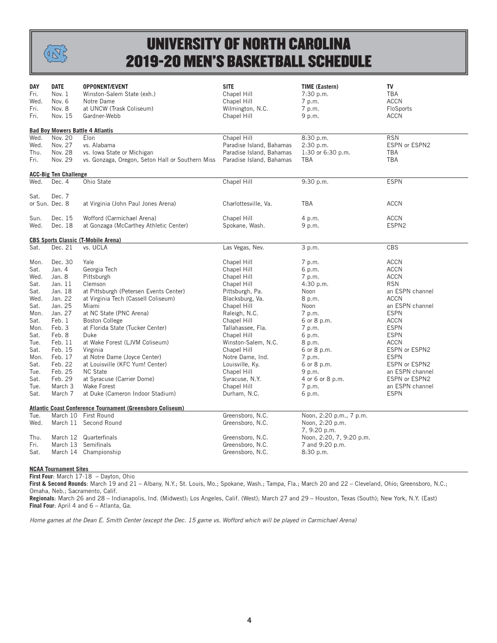 University of North Carolina 2019-20 Men's Basketball