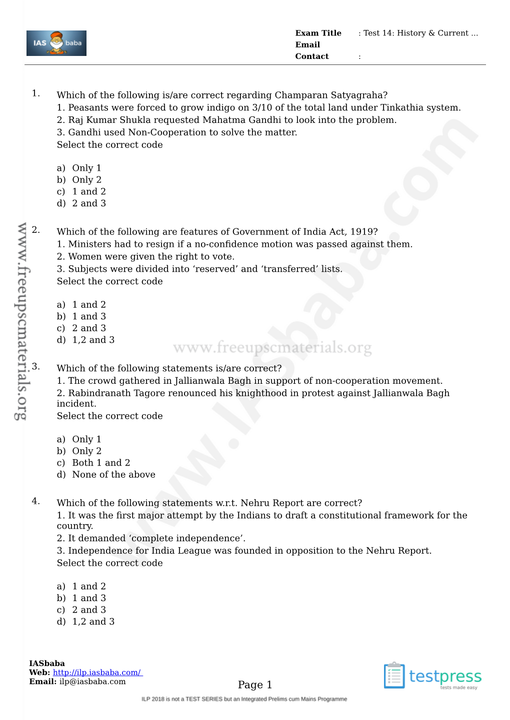 Page 1 Exam Title : Test 14: History & Current