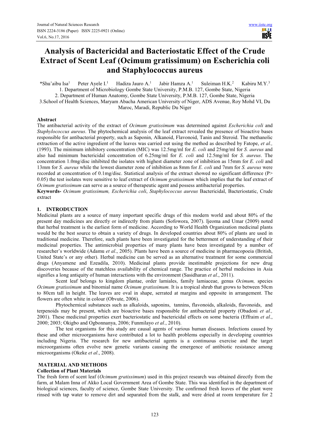 Ocimum Gratissimum) on Escherichia Coli and Staphylococcus Aureus